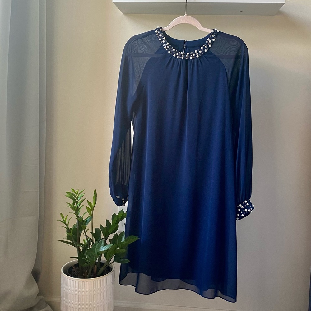 SLNY Navy Blue Long Sleeves Pearls Holiday Dress Size 8 - Picture 5 of 15